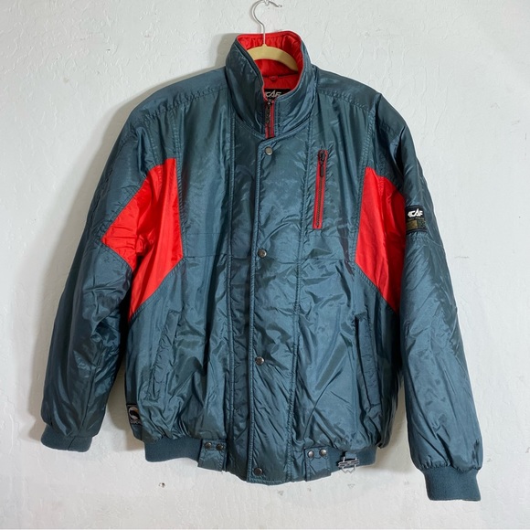 CAF Puffer Jacket Ski Team Gray Red Color Block Zip and Snap Button Front - Picture 1 of 14